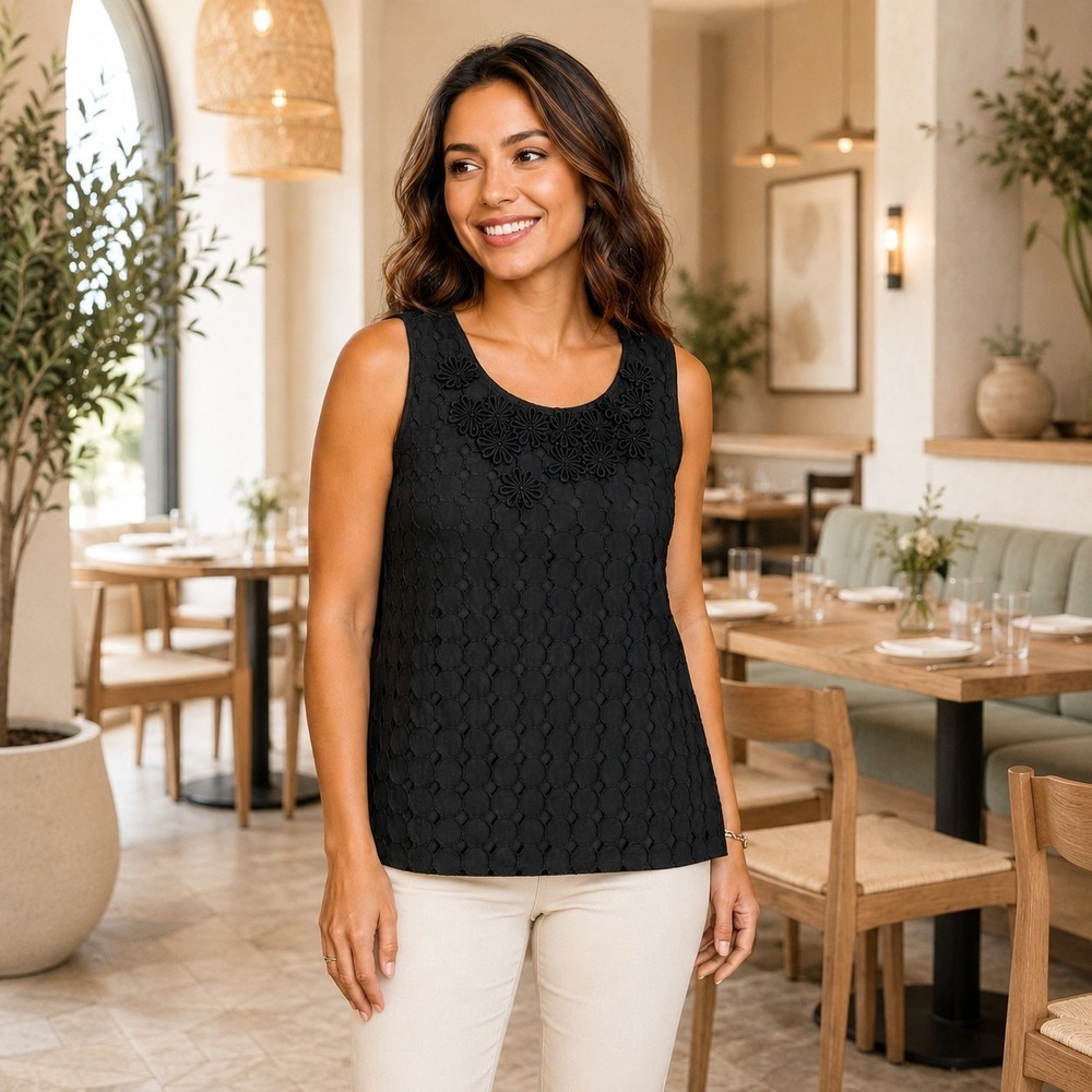 Talbots Petites 8P Black Textured Sleeveless Top Career Chic Minimalist Capsule